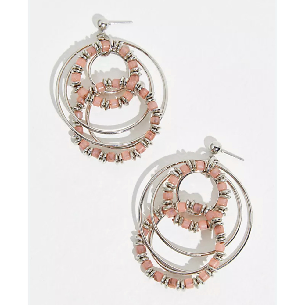 FREE PEOPLE PINK SILVER RACER HOOPS BEADED METAL DANGLING POST BACKS EARRINGS
